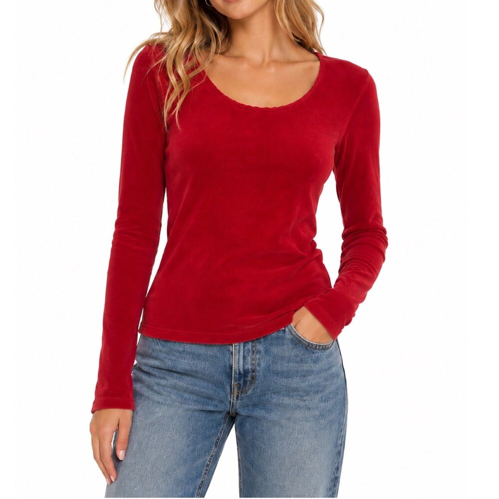 VTG 90s 90s Vintage GAP Red Velvet Velour Scoop Neck Top Long Sleeve Medium (M)